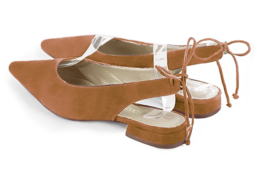 Camel beige women's slingback shoes. Pointed toe. Flat flare heels. Rear view - Florence KOOIJMAN